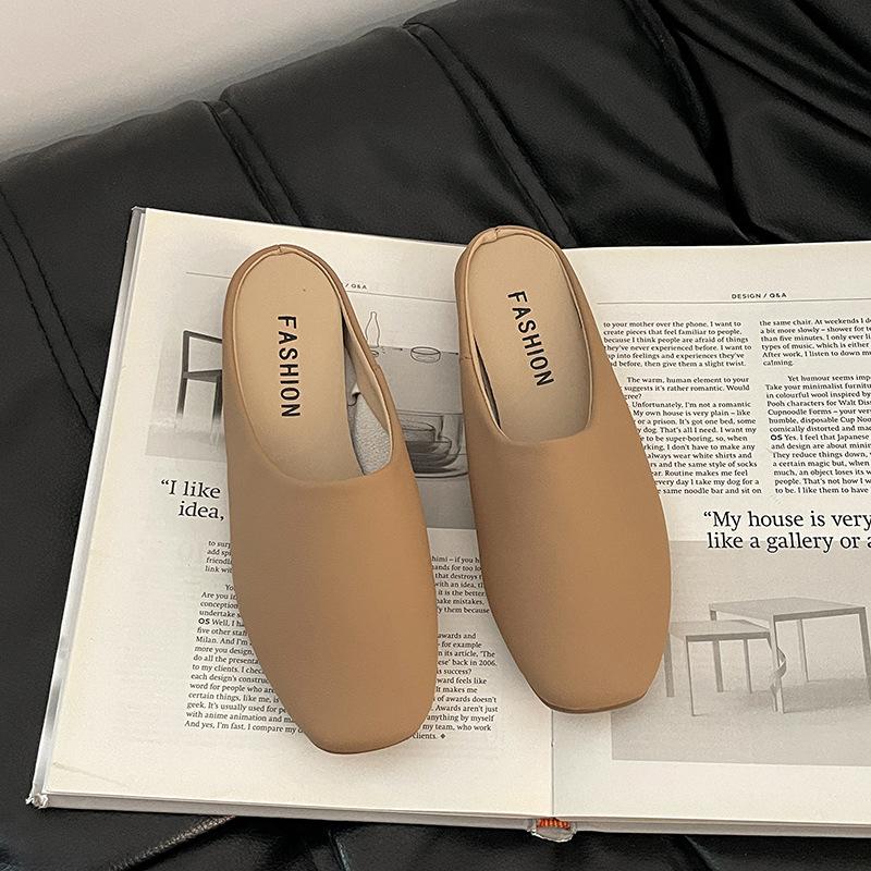 Fashion Comemore Retro Square Head Baotou Half Slippers Female Spring Summer Outside Wear Soft Leather Casual Solid Flat Mules Slides