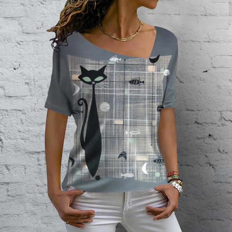 Roztomilá dámská trička Letní 3d Butterfly Cat Potisk Topy Tričko Street Denní oblečení s výstřihem do V Tričko nadměrné velikosti pro ženy Oblečení