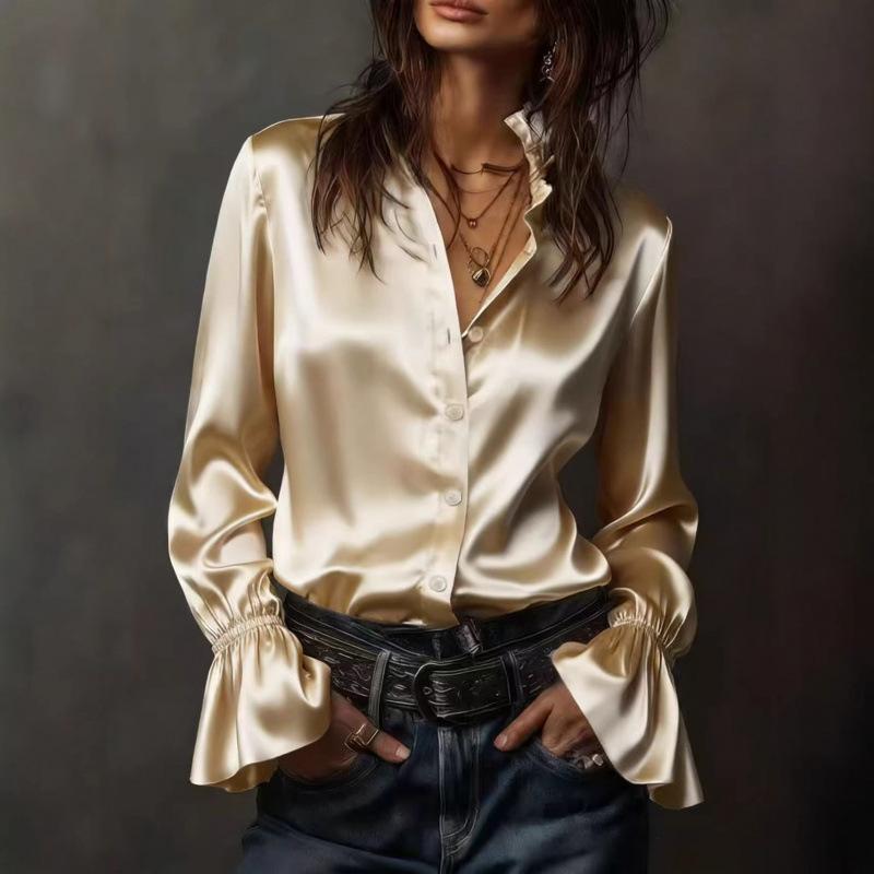 Spring Autumn Women s White Satin Ruffle Collar Button Down Long Sleeve Blouse With Flare Cuffs S шампанского