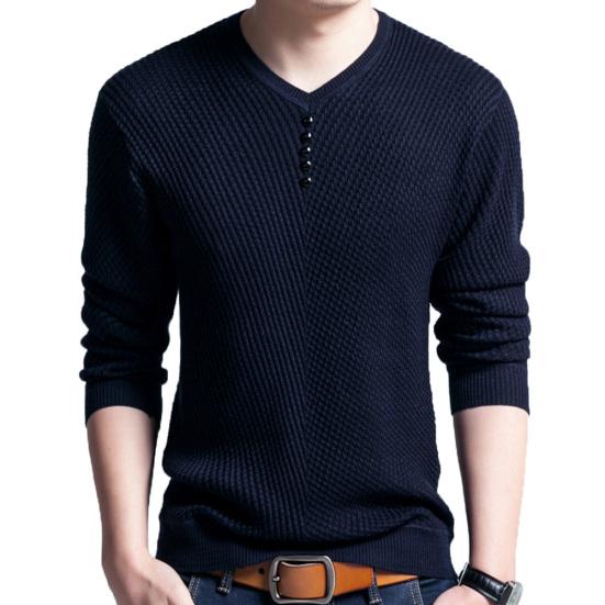 Chic Men Solid Color V Neck Long Sleeve Pullover Slim Fit Knitted Sweater Blouse