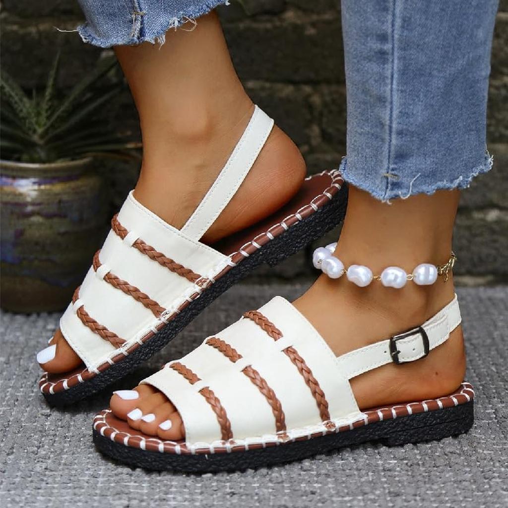 large size Summer women's fashionable woven flat-toe open-back sandals, with adjustable buckle straps, comfortable and casual