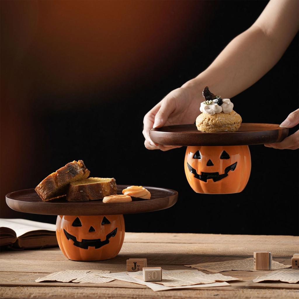 Halloween Pumpkin Wooden Serving Tray – Wooden Dessert and Bread Display Stand for Holiday Party Décor