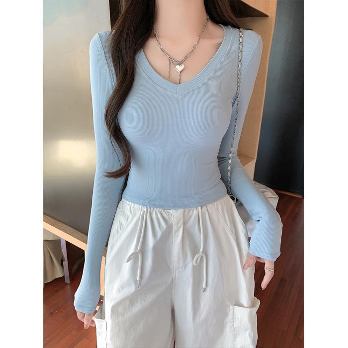 Spice Girl V-Neck Front Shoulder Long Sleeve T-Shirt Women's Spring and Autumn Slim-Fit Bottom Shirt Short Versatile Waist Top