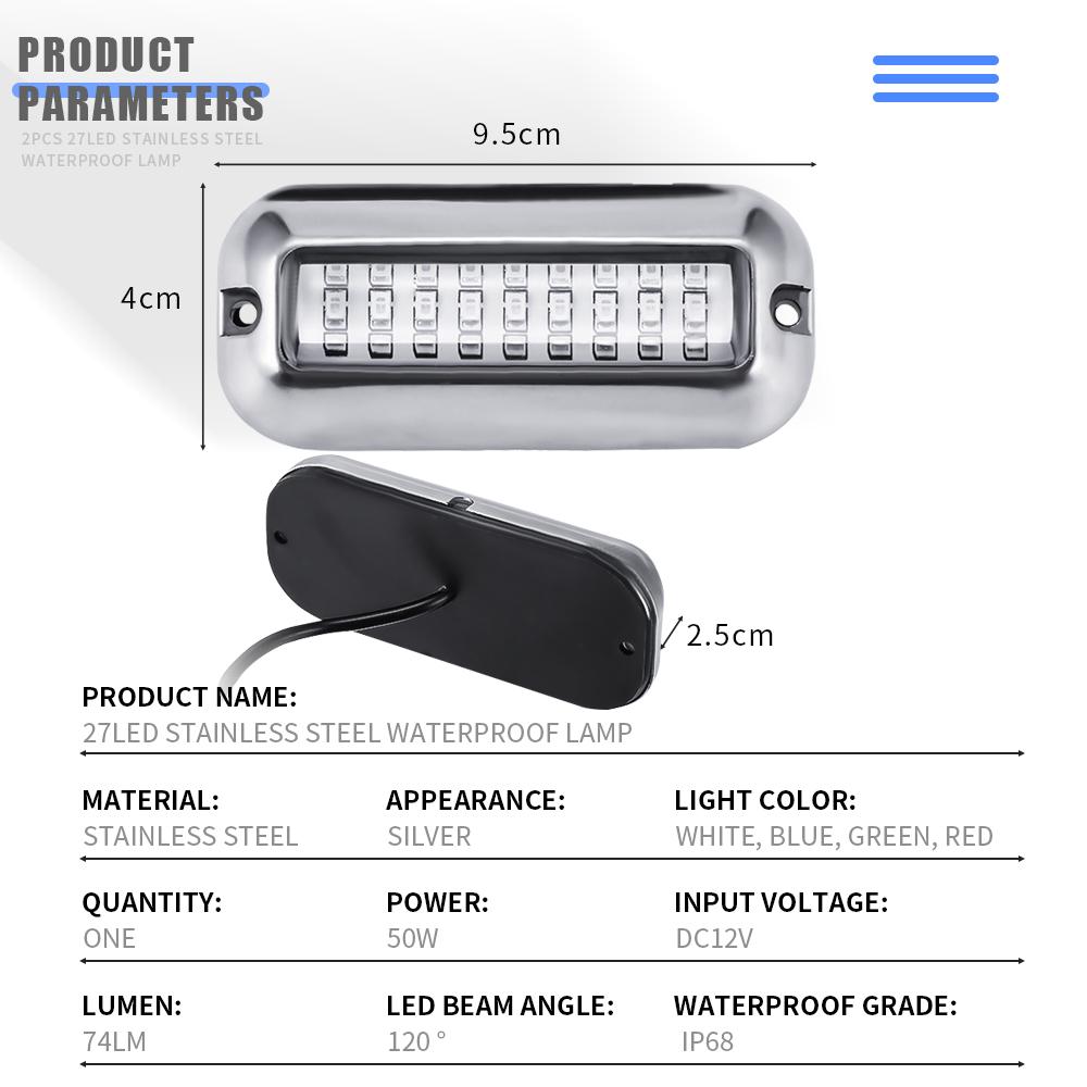 Waterproof Boat Transom Light Universal 12V 27 LED Marine Stainless Steel Underwater Pontoon Boat Tail Lamp White/Blue/Red 2Pc