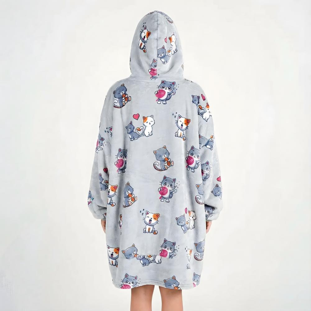 Very Soft Dressing Gown Blanket Robe Lazy Robe Grey Cats 100 Cm
