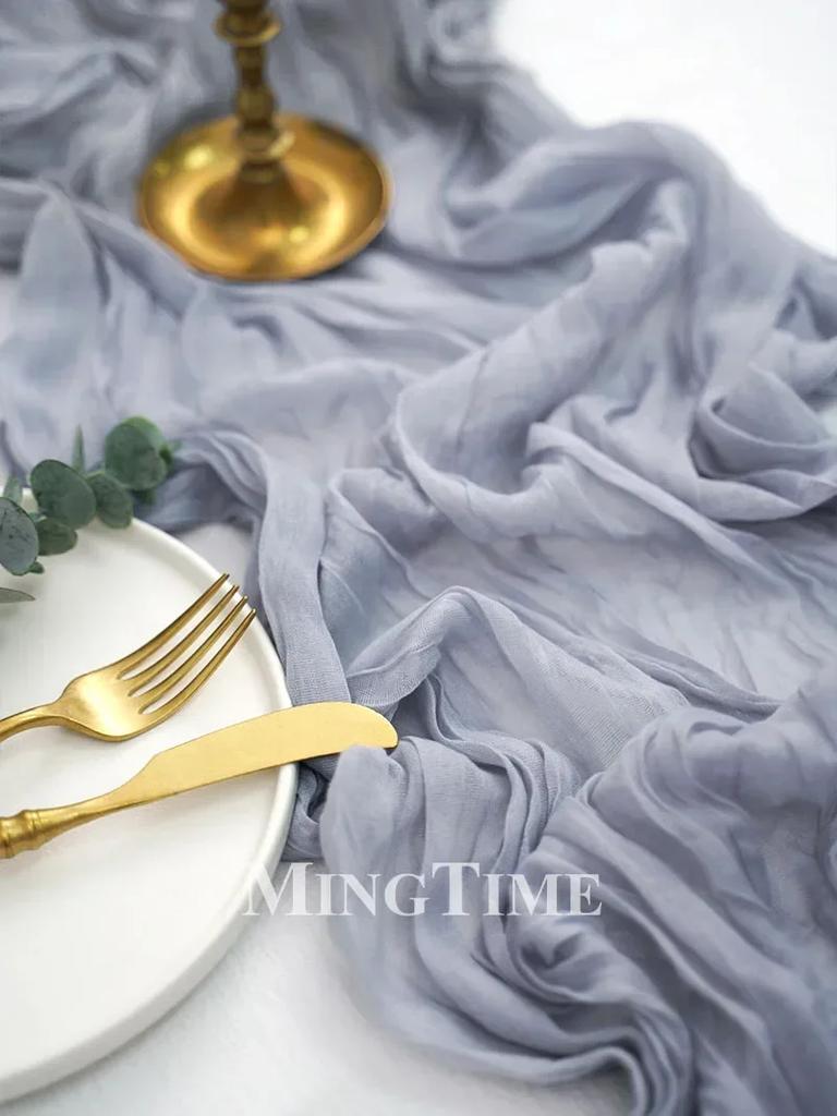 Elegant Pleated Semi-Sheer Gauze Table Runner in Dark Blue Creating Retro Wedding Party and Christmas Scenes Decoration