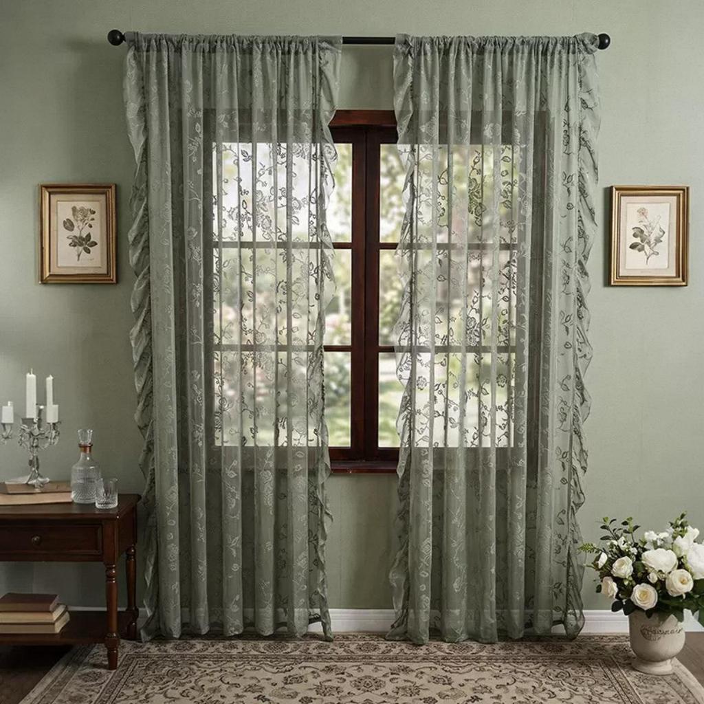 2026 Summer French-Style Solid Color Lace Curtains for Bedroom, Living Room, and Balcony with Floral and Ruffle Design