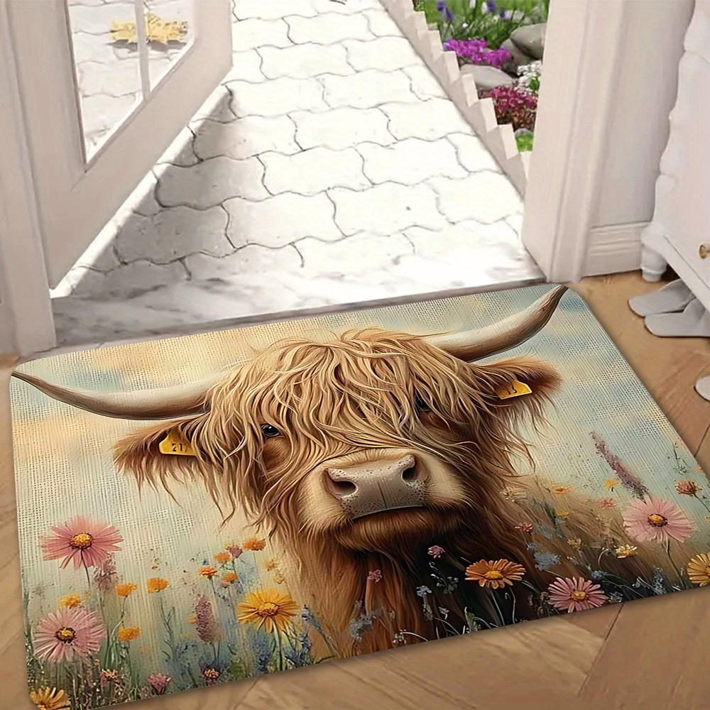 1pc Highland Cow Wildflower Doormat, Slip-Resistant Machine-Washable Entry Mat, Floral Country Style Foyer Decor Mat, Suitable for Multiple Scenes Lik