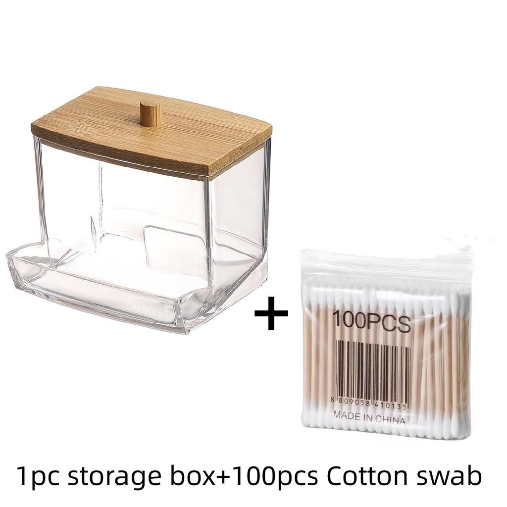 1Pcs Cotton Swab Holder, Cotton Swab Dispenser with Bamboo Lids,Bamboo Bathroom Storage Jars Storage Containers Clear Plastic