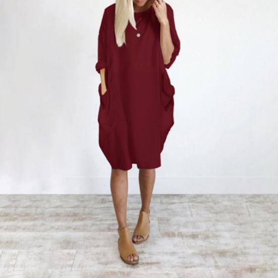Spring Summer Dress Oversized Knee Length Long Sleeves Pure Color Round Neck Baggy Midi Dress for Daily Wear Dating Travel