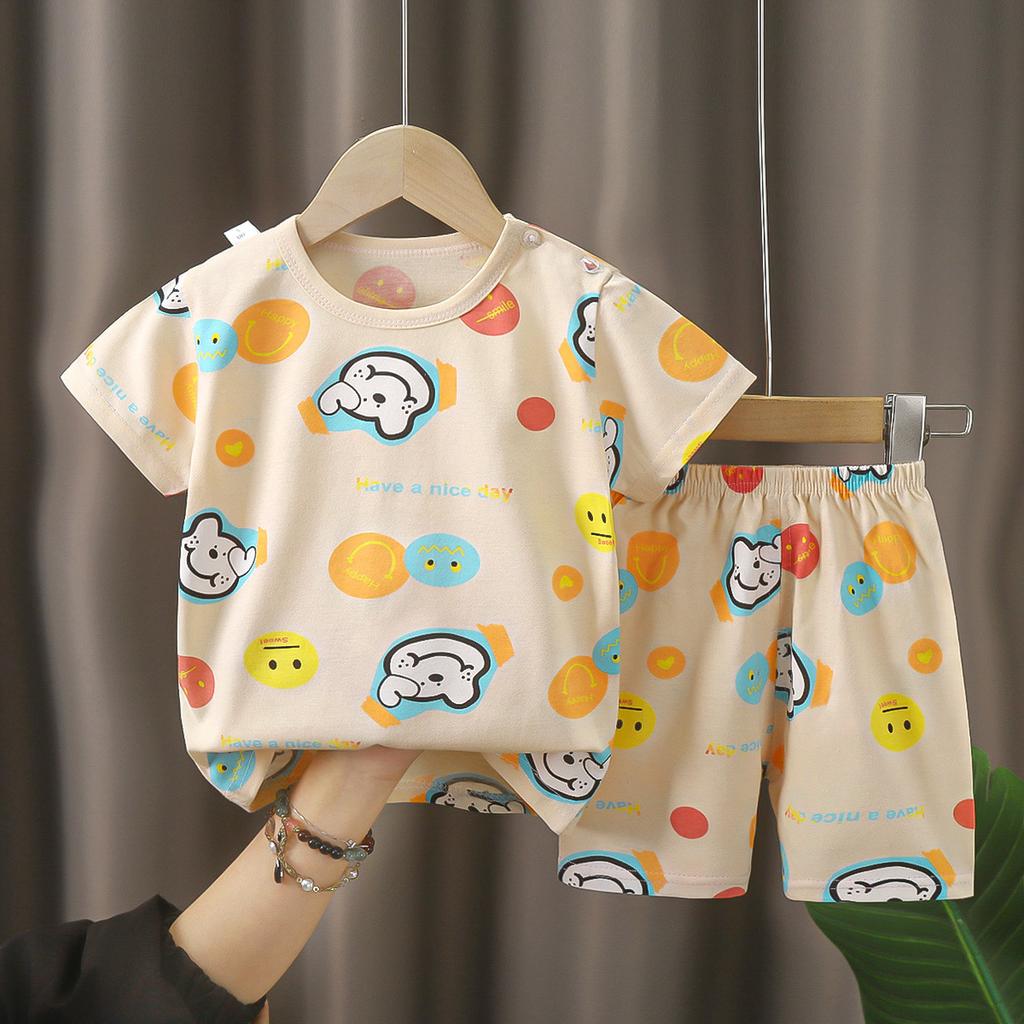 Kids Cotton Short Sleeve 2Pcs Set, Summer Shoulder Snap T-shirt & Shorts for Toddler Boys Girls