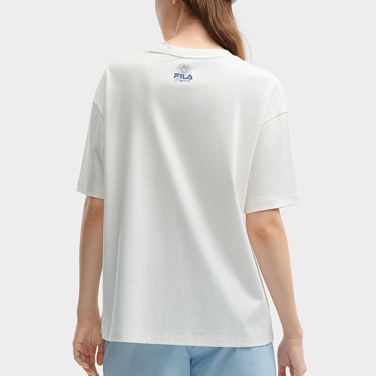 FILA Logo Smiley Face Flower Embroidery Casual Round Neck Short Sleeve T-Shirt Women T-Shirt Cloud-White F11W429106F-ET