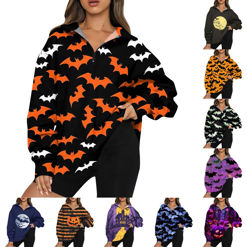 Women's Casual Fashion Long Sleeve  Print Oversize Zip Sweatshirt Top