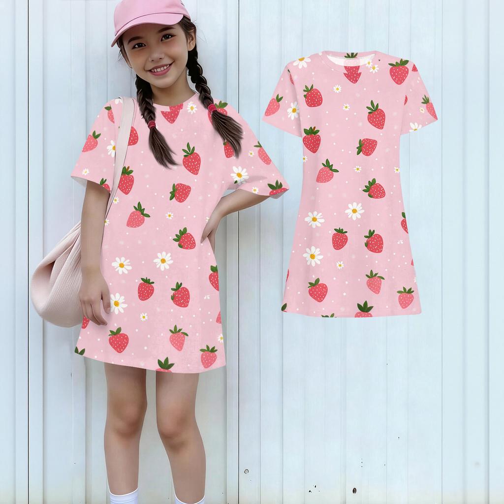 Girls Print Casual Dress Kids Loose Round Neck Short Sleeve Thin Sundress