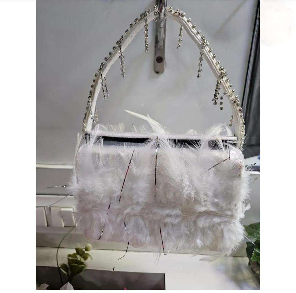 Luxus Weiße Feder Handtasche Designer Abendtasche mit Strassgriff Elegante Hochzeits-Clutch Party- & Cocktailtasche Geschenk für Sie