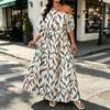 Damen Floral Ein Schulter Maxikleid Kurzarm A-Linie Schwingend Langes Kleid Formell Abendparty Hochzeitsgast Kleid mit