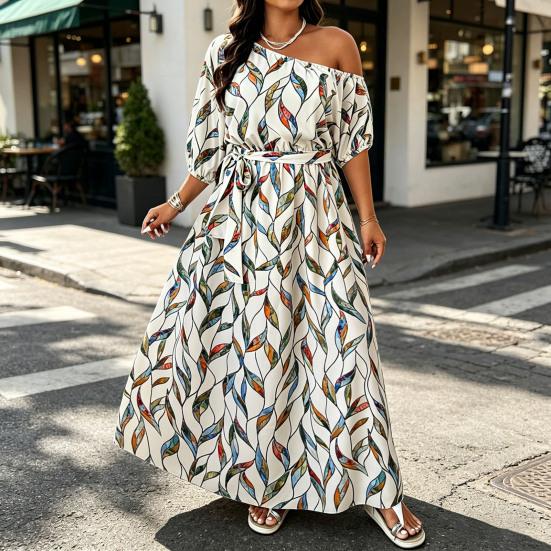 Damen Floral Ein Schulter Maxikleid Kurzarm A-Linie Schwingend Langes Kleid Formell Abendparty Hochzeitsgast Kleid mit