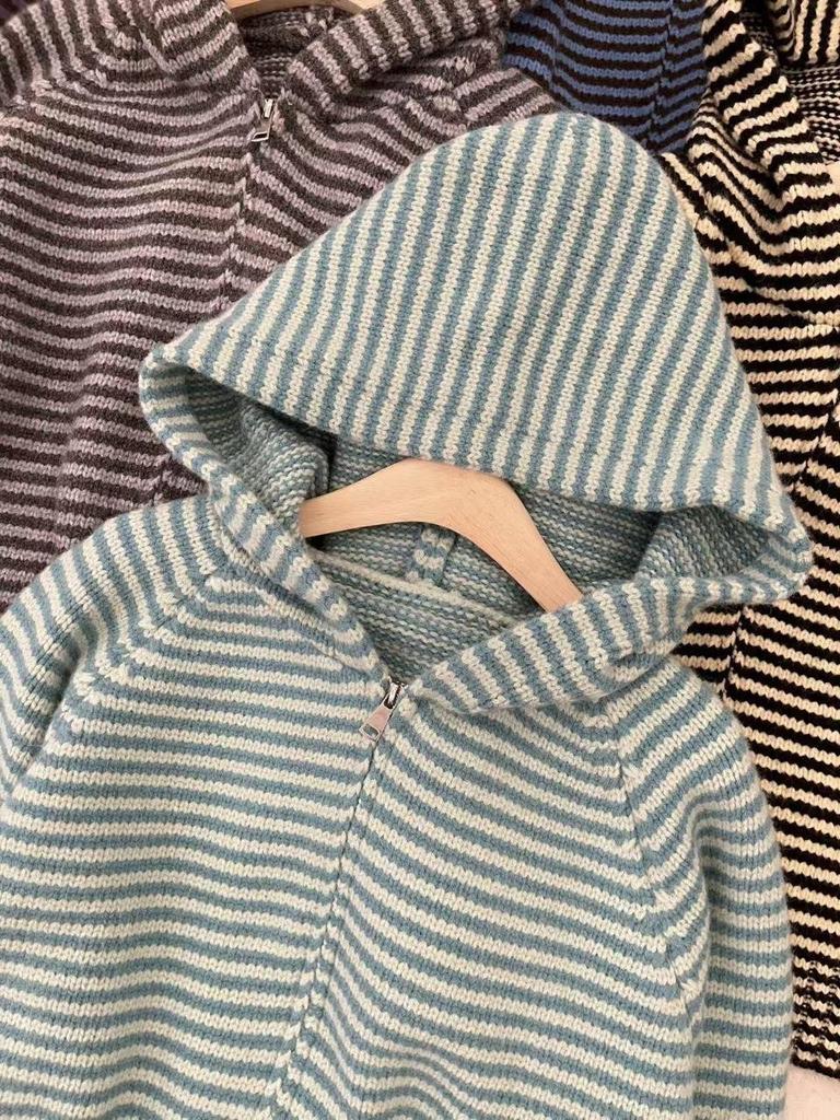 Korean Retro Color Block Stripe Zipper Hooded Knit Cardigan for Women - Autumn/Winter Loose Fit Sweater Jacket