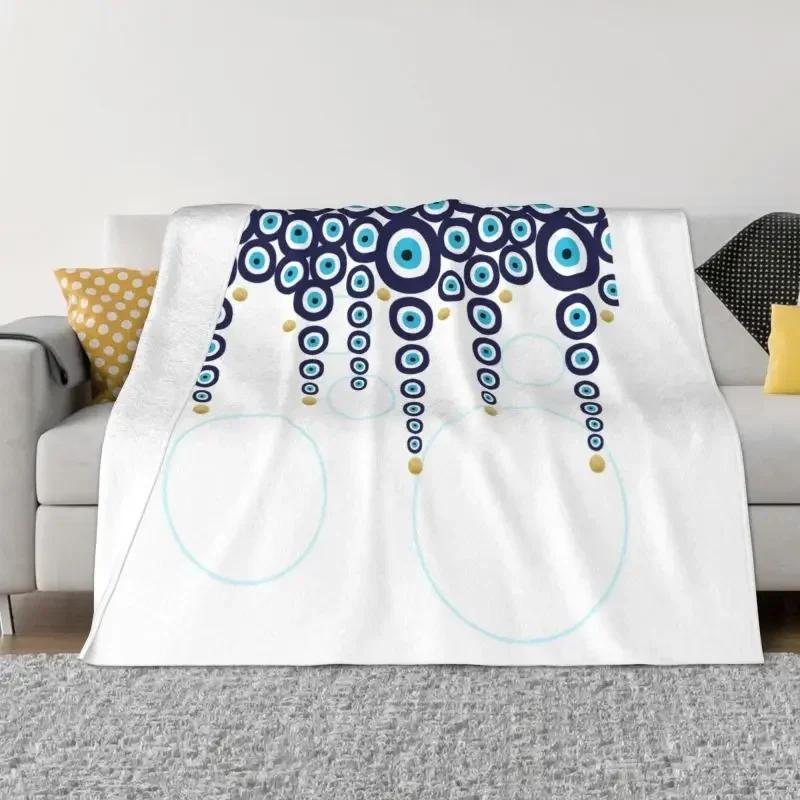 Mediterranean Blue And Gold Evil Eye Blanket Flannel Fleece Warm Hamsa Nazar Amulet Boho Throw Blankets for Home Bed Couch Quilt