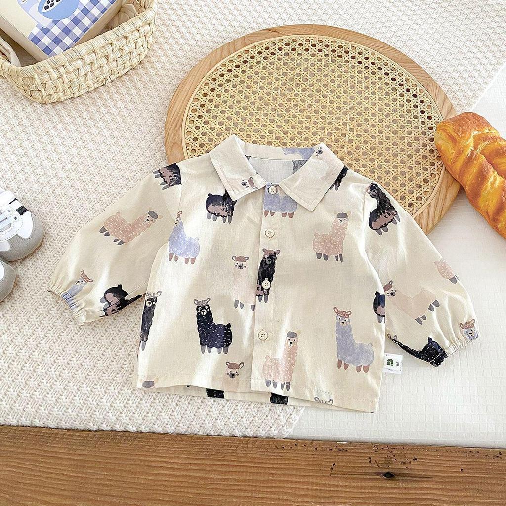 Boys' Autumn 2025 Korean Style Cartoon Shirt & Overalls Set - Fashionable Spring Outfit for Babies