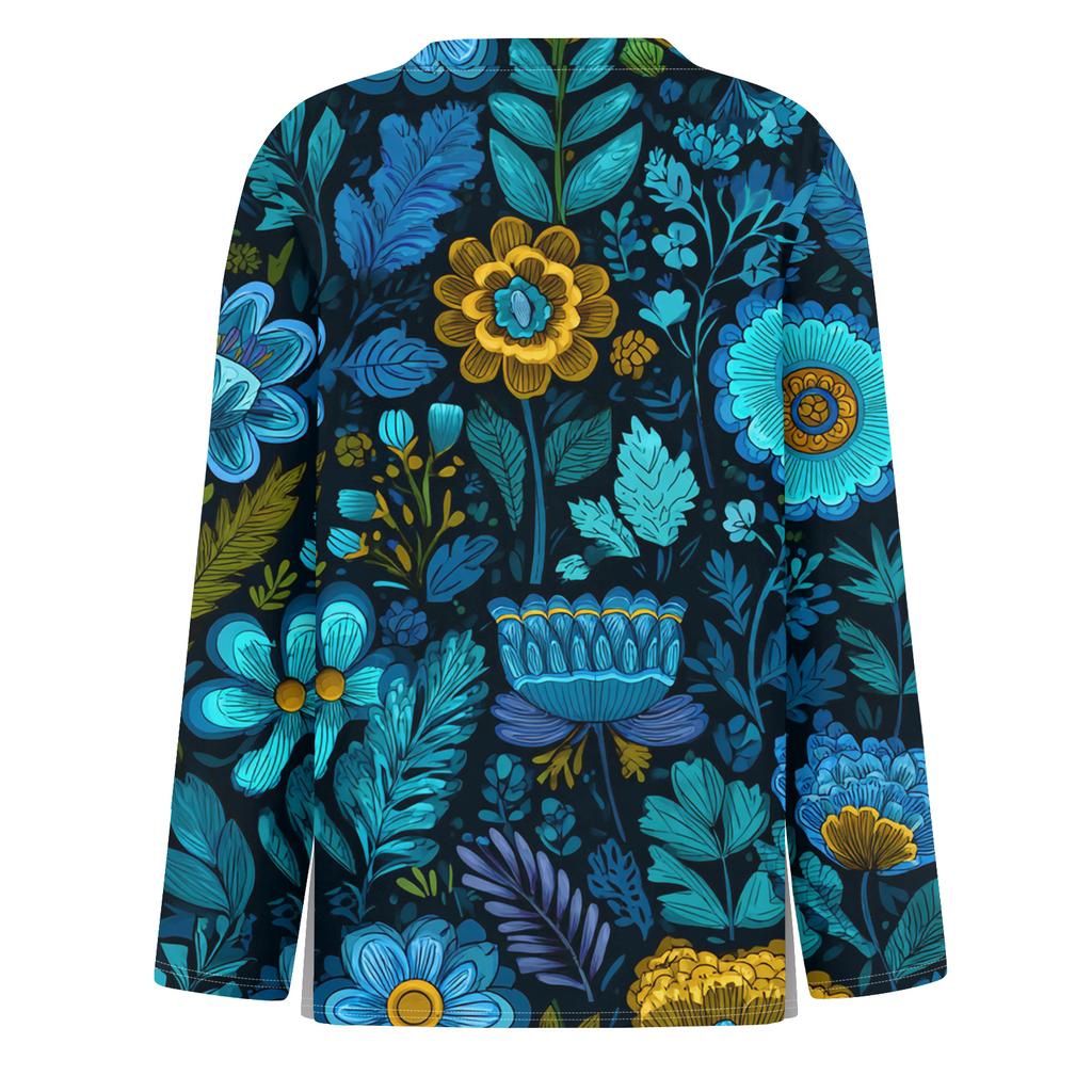 Women's Fashion Hem Slit Casual Retro Floral Print Round Neck Long Sleeve Top