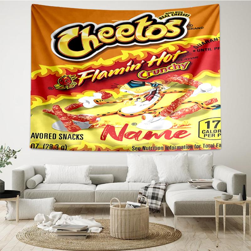 Custom Name Cheetos Print Tapestry, Backdrop, Easy Setup, Ideal for Bedroom, Office & Living Room, with Aesthetic Wall Hanging Decor.