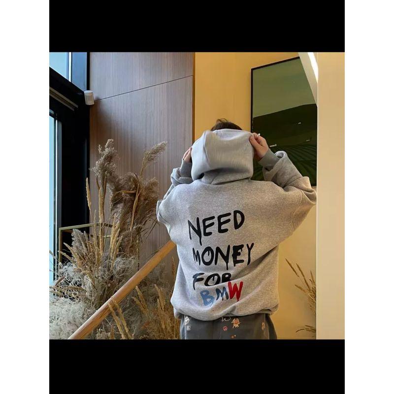

Fashion Hooded Sweatshirt Vintage Letter Print Versatile Loose Top Letter Print Hooded Top Light gray (thin) thin S