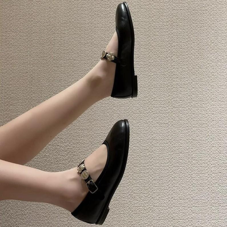 Sheepskin version~ Xiaoxiangfeng leather ballet shoes with soft soles Mary Jane single shoes women's small gold button soles small leather shoes