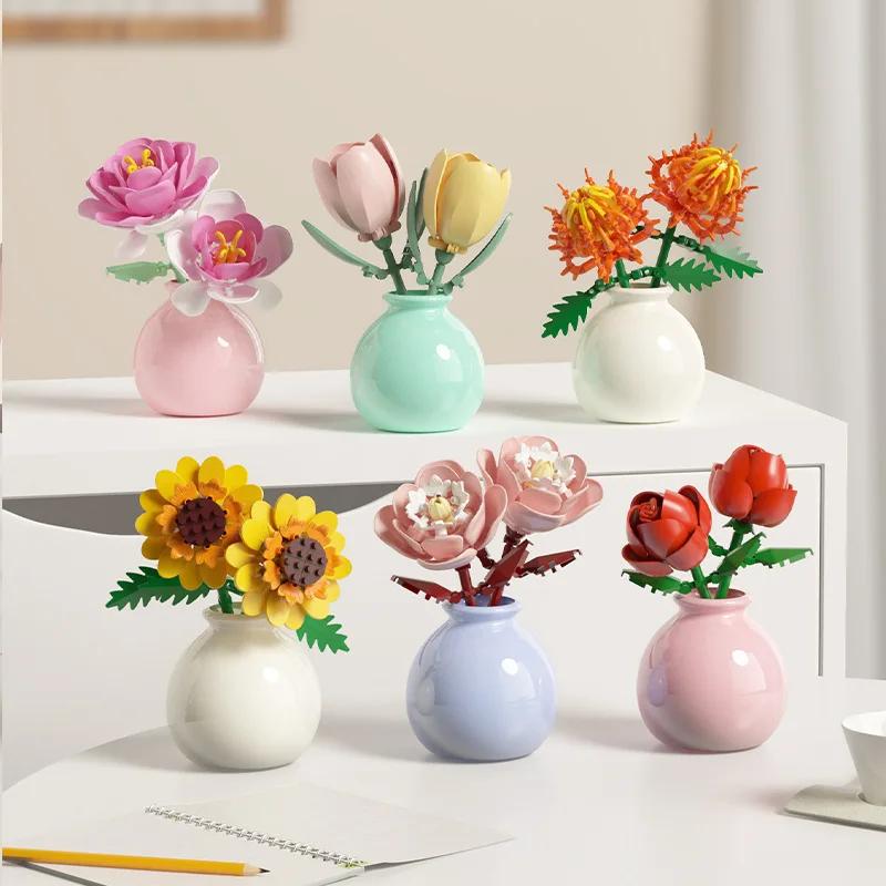 Building Block Pot Plant Bouquet of Flowers, Roses, Lily Building Blocks, Toys with Flower Pots, Cute Living Room Ornaments Gift