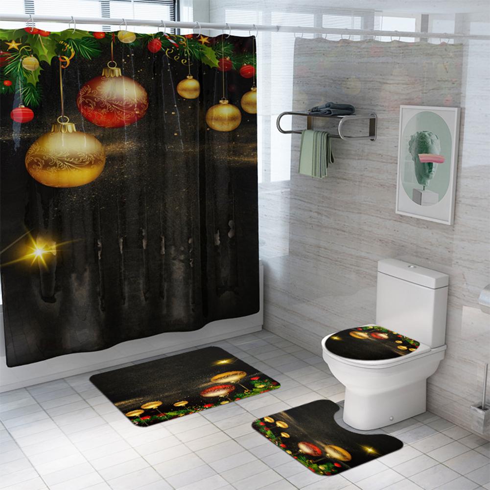 Christmas Series Shower Curtain Rug Lid Toilet Cover Mat Bath Mat Set Bathroom Supplies