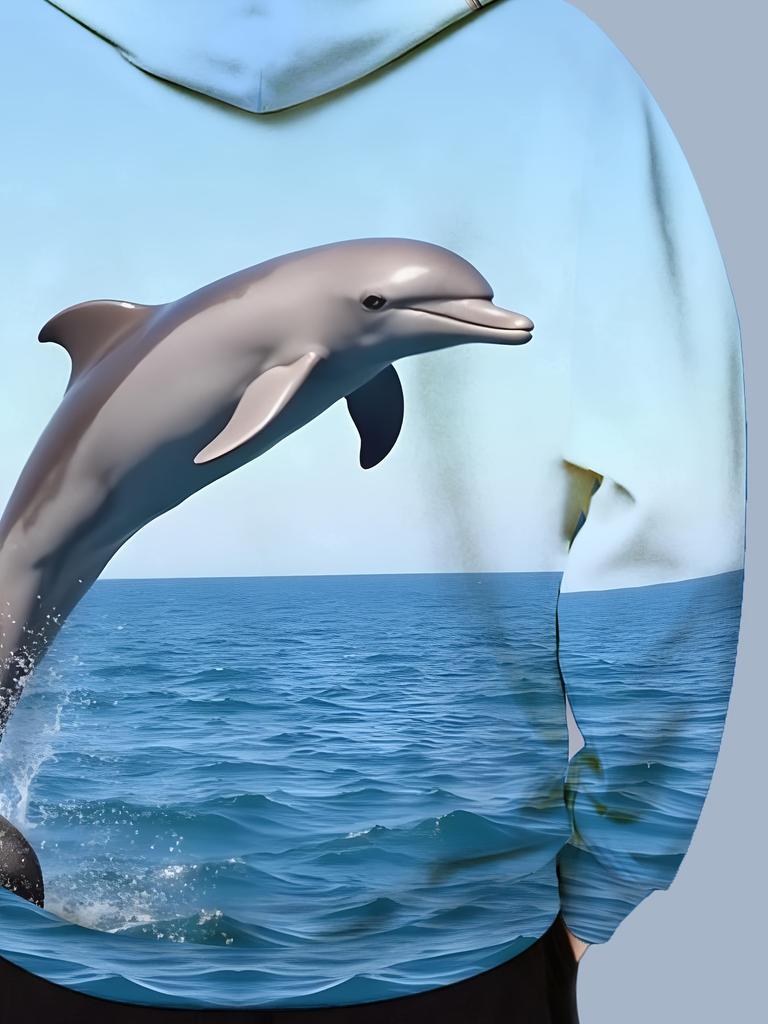 Men's Fashion Long-Sleeve Hooded Sweatshirt, Featuring a Unique All-over Print of a Dolphin Leaping Out of the Sea Under a Blue Sky. The Fabric Is