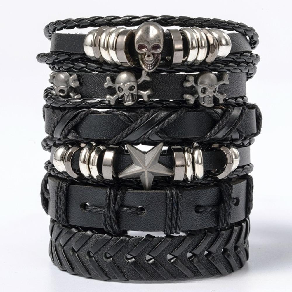 

6pcs Black Punk Set Leather Bracelet Personalized DIY Knitted Leather Bracelet Simple Multi Layered Adjustable Cowhide Bracelets чёрный