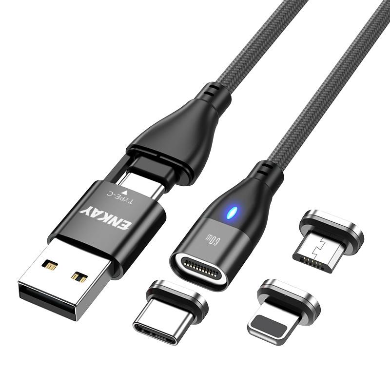 

ENKAY HAT PRINCE Кабель для магнітної зарядки 6-в-1 1 м PD 60 Вт Type-C/USB-A до IP/Type-C/Micro USB Кабель для передачі даних Black