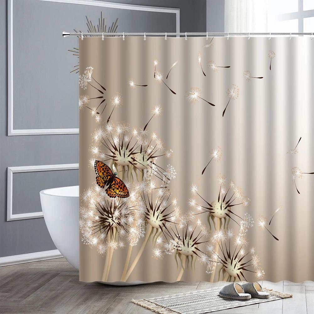 Natural Floral Shower Curtains Flowers Green Leaf Butterfly Water Color Art Nordic Modern Waterproof Bathroom Decor Curtain