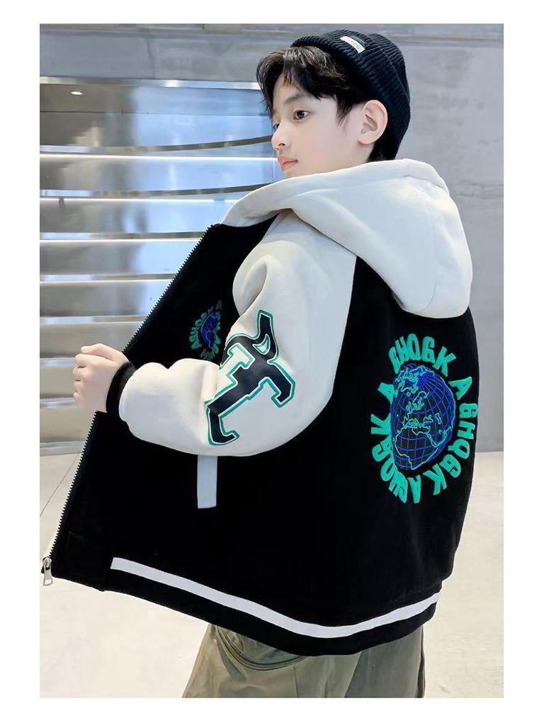 Jungen Mittlere-Große Koreanischer Stil Patchwork Kapuzen-Baseballjacke - Frühling/Herbst 2025