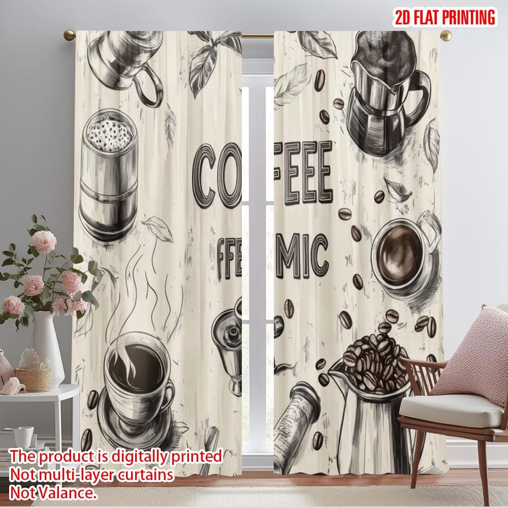 2pcs,2D plane printing Minimalist Curtains Coffee Artistry 100% Polyester (without rod) Outdoor Decorations Perfect for Bedroom