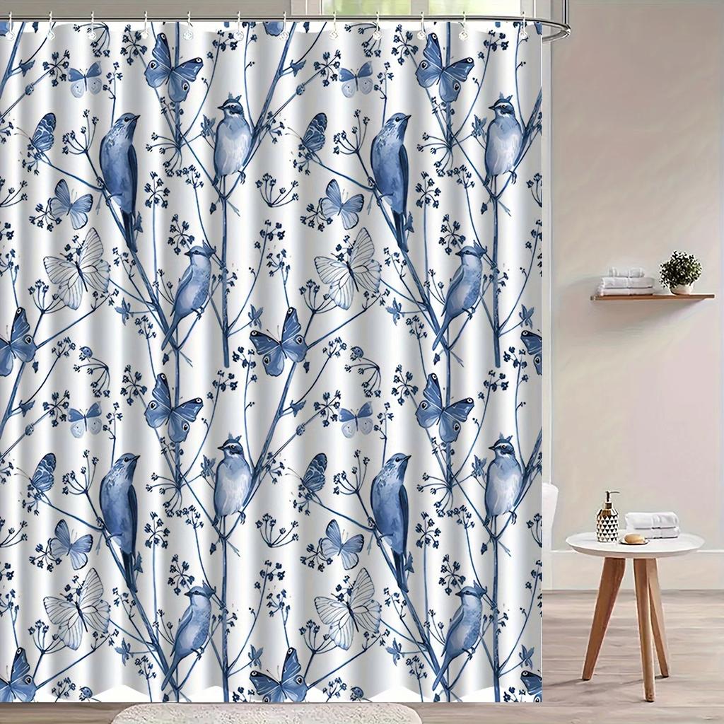 Blue Bird Print Bath Curtain - Water-Resistant, 12 Hooks, Polyester Knit, Machine Washable, Animal Pattern