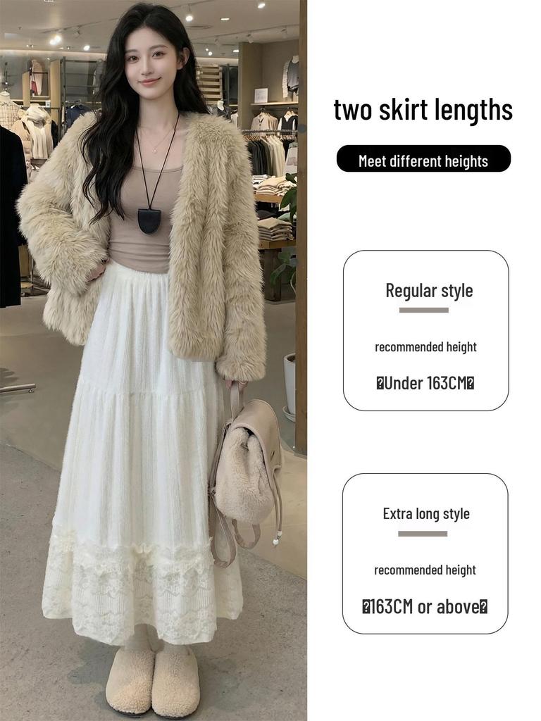 Women's White Lace High-Waist A-Line Long Skirt - Fluffy, Plush, Perfect for Spring & Autumn