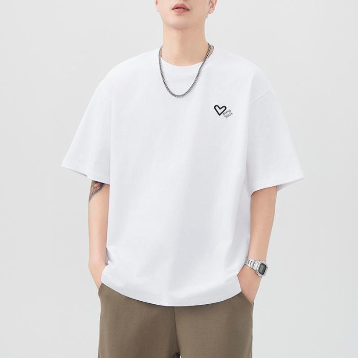 Summer Heavy 300g Embroidered Short-sleeved T-shirt for Mens Relaxed Fit Japanese Leisure T-shirt M
