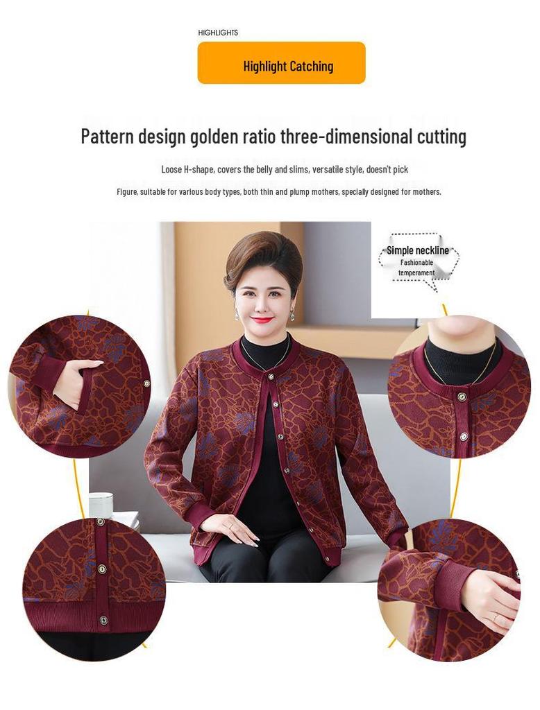 Fleece-Lined Knit Cardigan Jacket for Plus-Size Elderly Women for Autumn and Winter