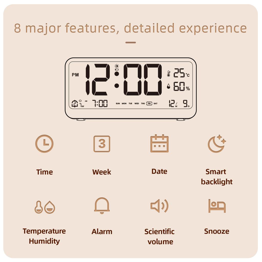 8001-EN Digital Clock Brightness Temperature Humidity Displaying Alarm Clock with Dual Alarms Modes Week & Date & Month Display