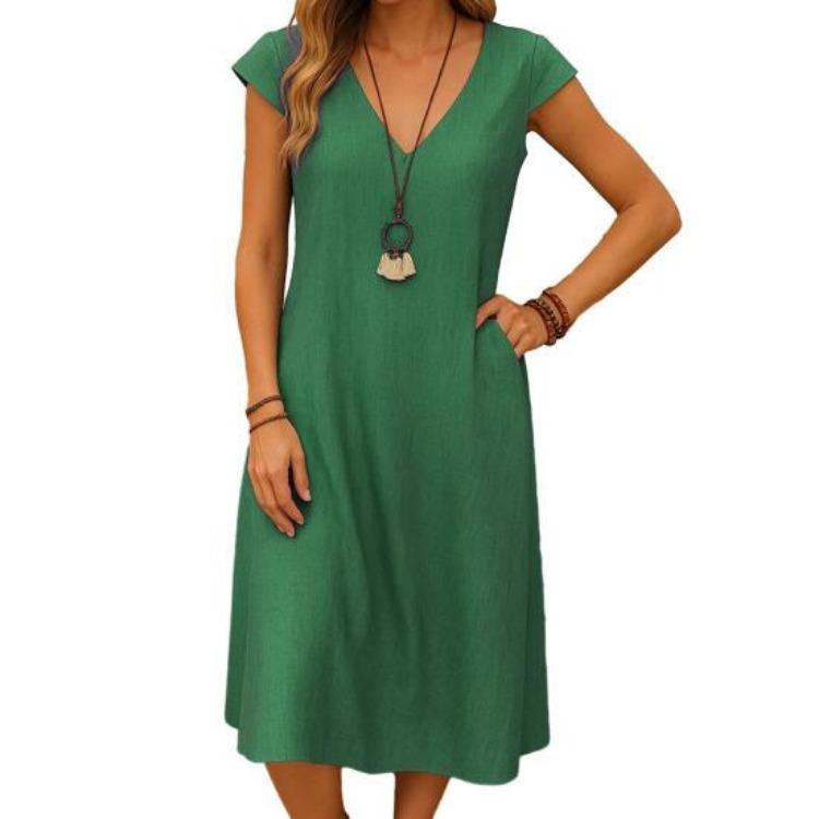 Casual Beach V Neck Short Sleeve A Line Sundress Women Summer Cotton Linen Midi Dress with Pockets