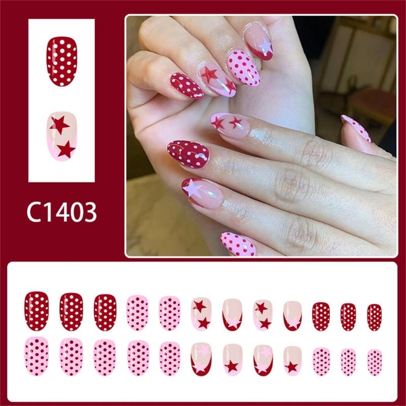 24Pieces Elegant French Tip Presses On Nail Glossy Oval Short Shape Red Pink Polkas Dots Design
