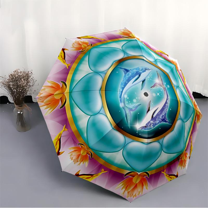 1pc Dolphin Mandala Auto-Fold Umbrella with One-Touch Open/Close - 8 Reinforced Ribs for Windproof Stability,  Yy251118203