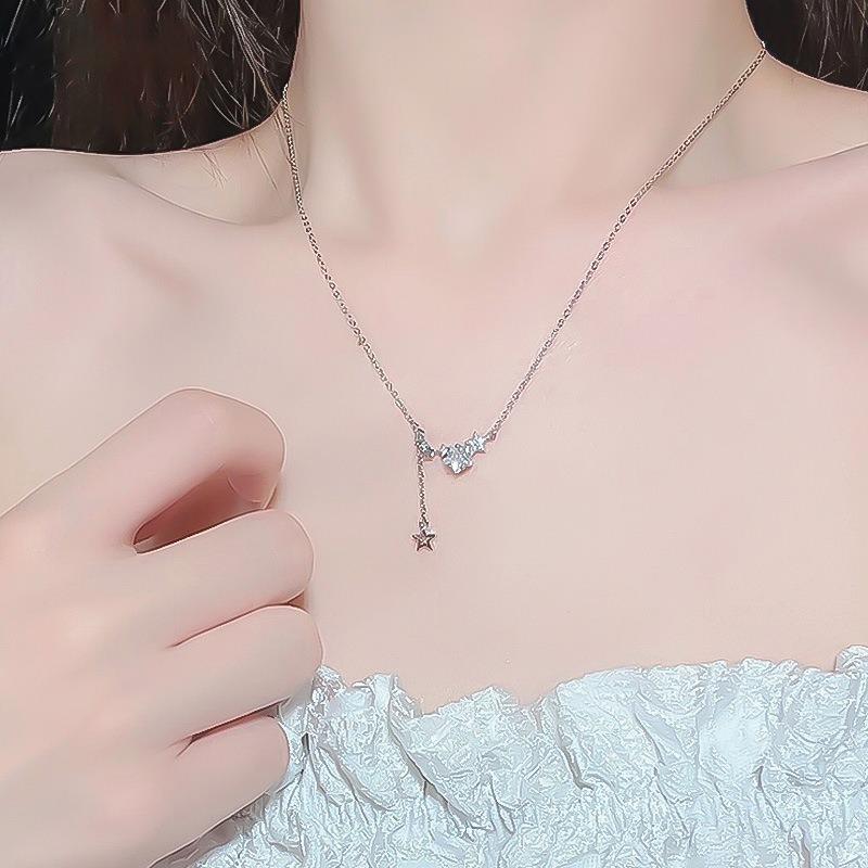 S999 Silver Meteor Shower Fringed Necklace Women's Light Luxury Niche Collarbone Chain Diamond Pendant