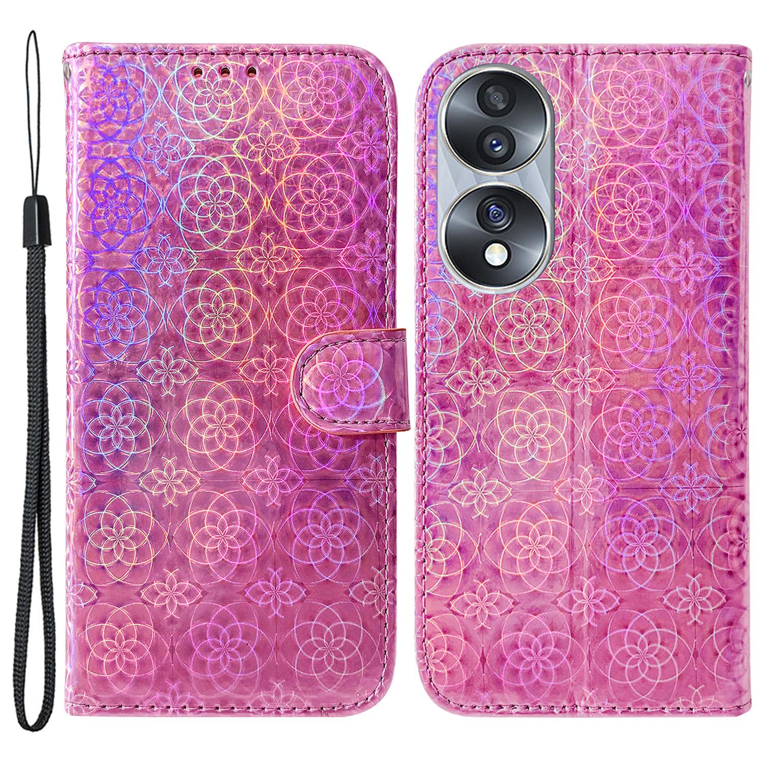 

For Honor 70 5G PU Leather Dazzling Flower Pattern Shockproof Phone Case Stand Wallet with Strap Pink