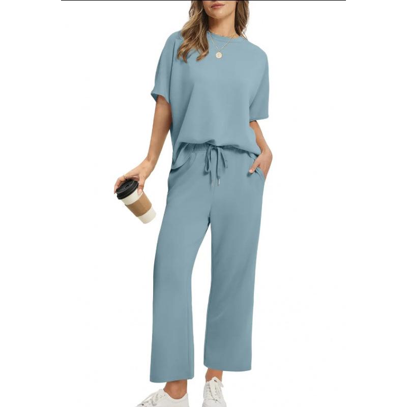 2025 Summer Women's Casual Set: Short-Sleeve Top & Wide-Leg Seven-Point Pants