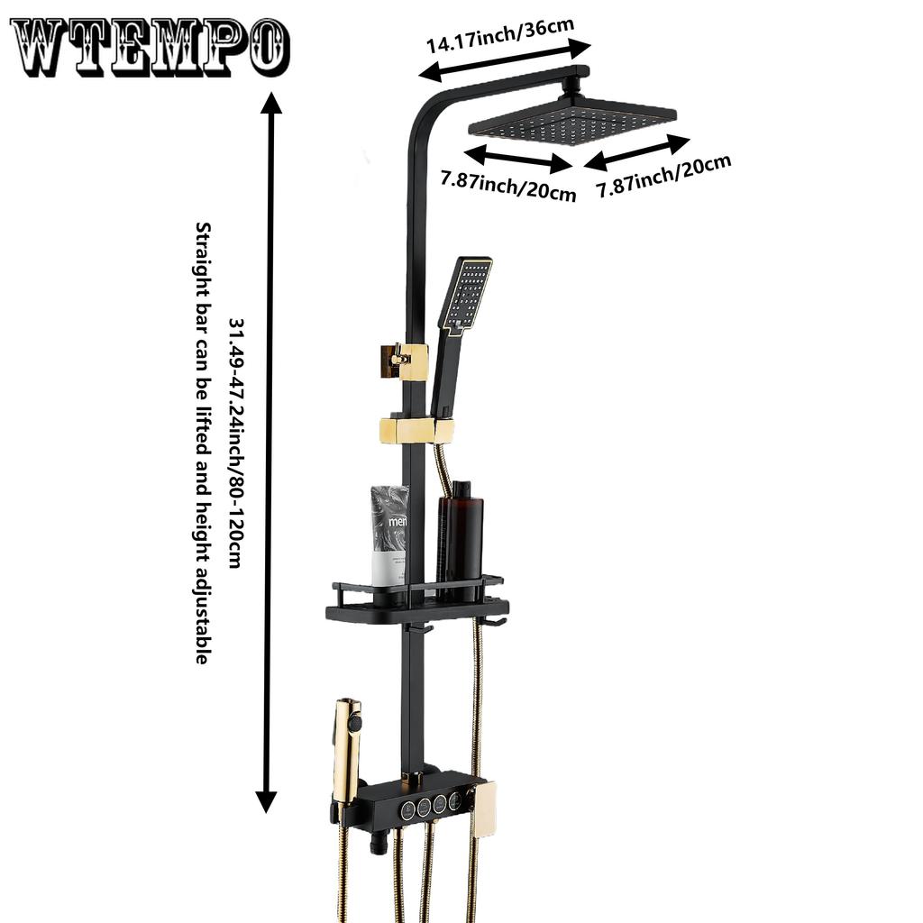 Set de duș montat pe perete din cupru, temperatură constantă cu cap de pulverizare portabil, design cu bară pătrată neagră și aurie, include 4 butoane de control