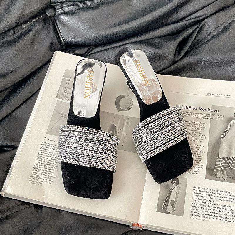 French Temperament Exquisite Rhinestone Word with Slope Heel Cool Slippers Summer Fashion Wear High Heels Slippers Square Head Sandals