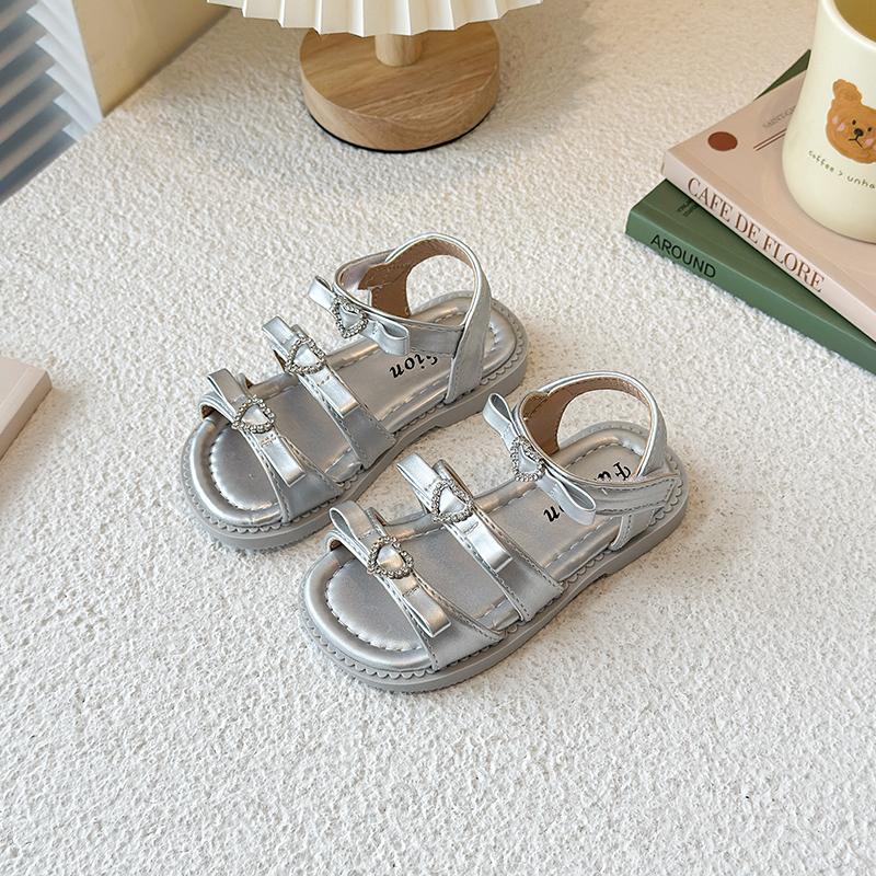 Girls Beach Shoes Open Toes Sweet Bows Kids Sandals Hook&loop Versatile 2025 Summer New Children Princess Shoes Toes Capped Ins